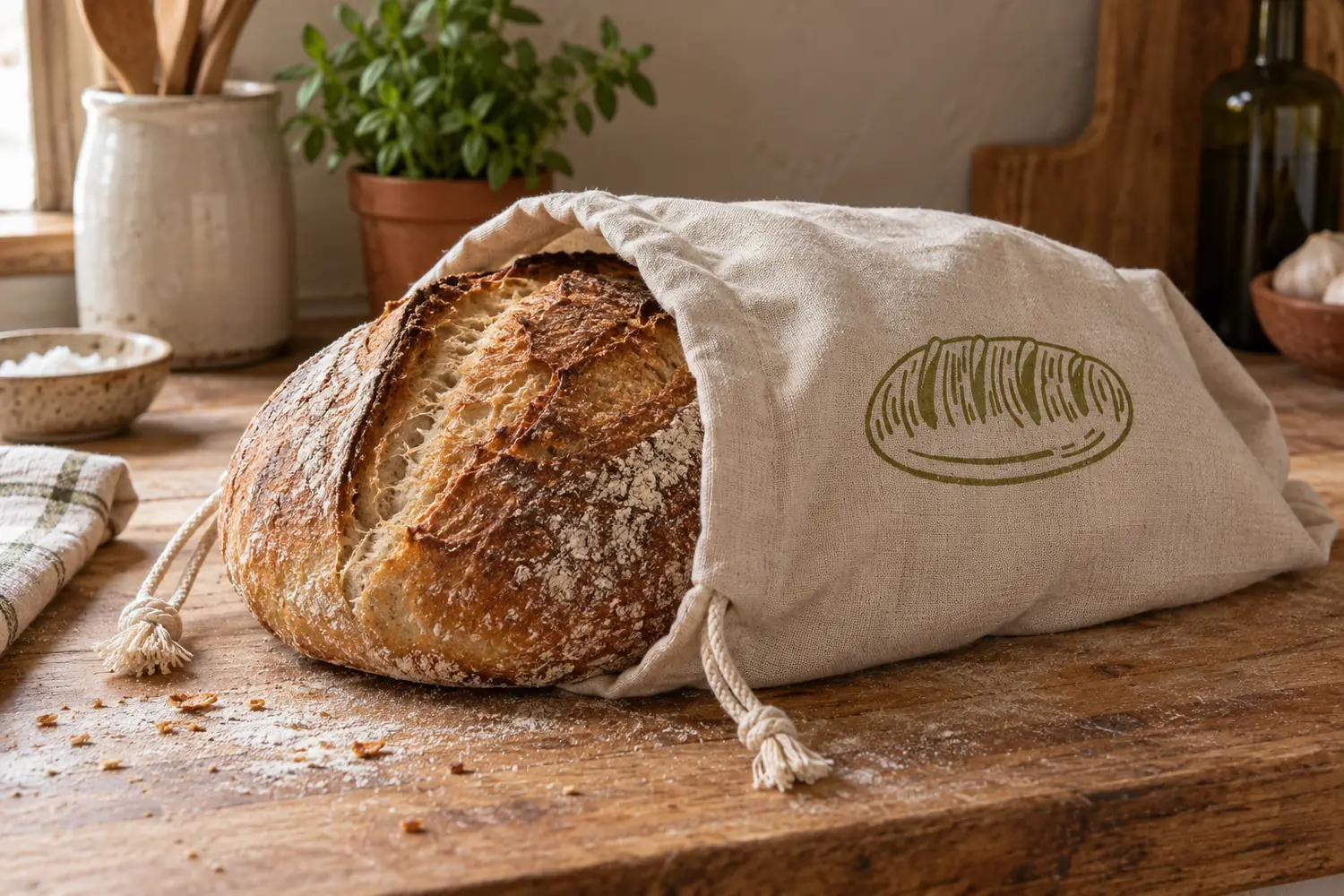 A round sourdough loaf half slid into the Levainry cloth bag on a wooden board, low side light picking out every crack and blister in its crust