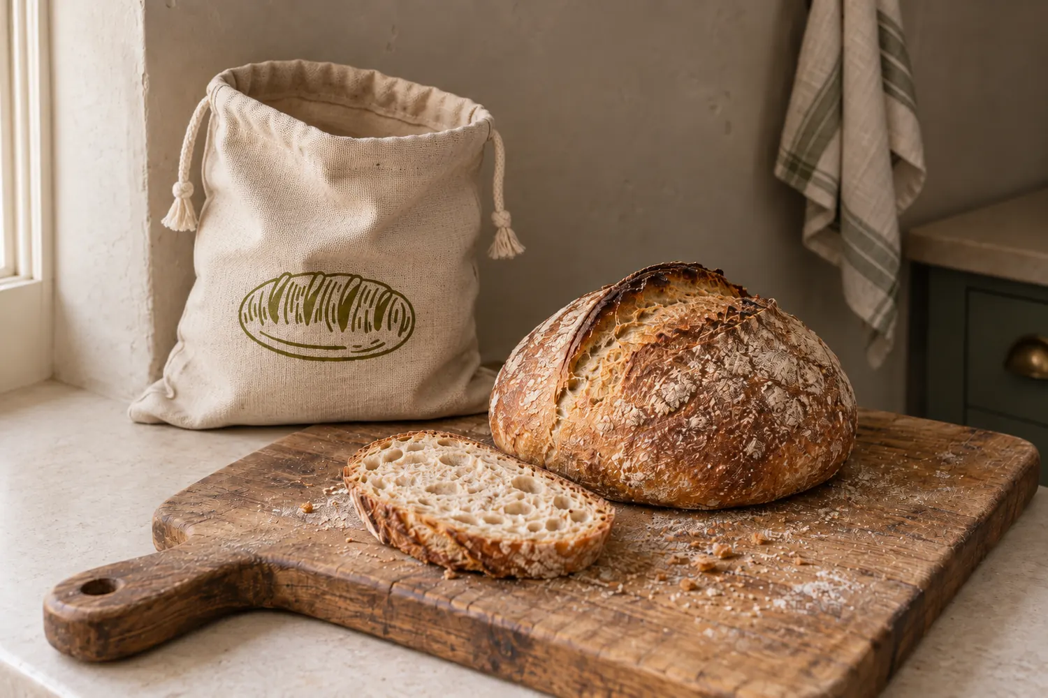 A round sourdough loaf sitting squarely on a wooden board with its scored crust facing up, one thick slice lying in front of it with the crumb showing, and the Levainry bread bag standing open on the counter beside the board